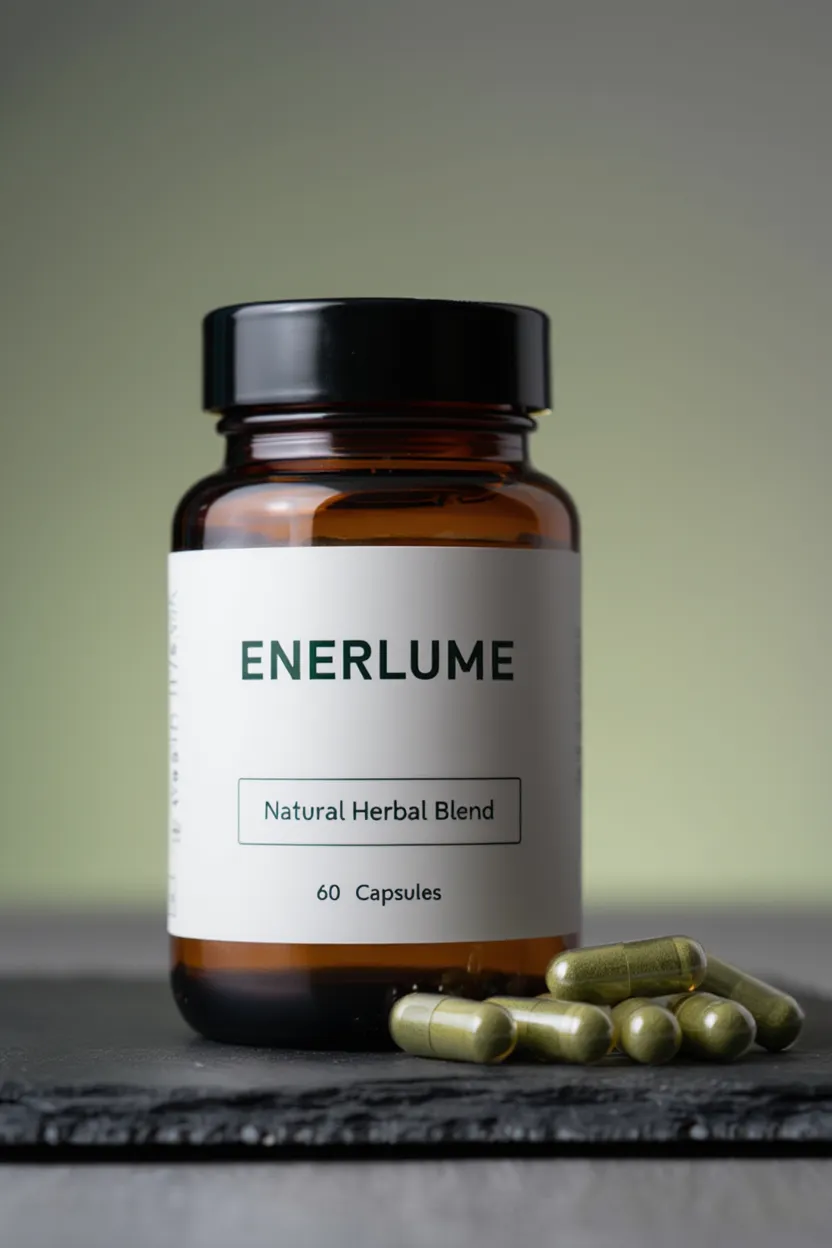 Enerlume natural supplement bottle with green herbal ingredients